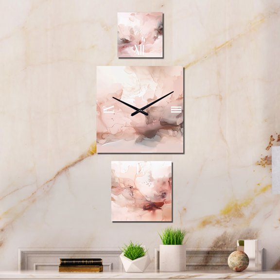 Designart "Delicate Marble Pink Abstract III" Marble Oversized Wall Clock - Set Of 3 - Multipanel Contemporary Clock For Living Room Décor - Large Vertical Clock