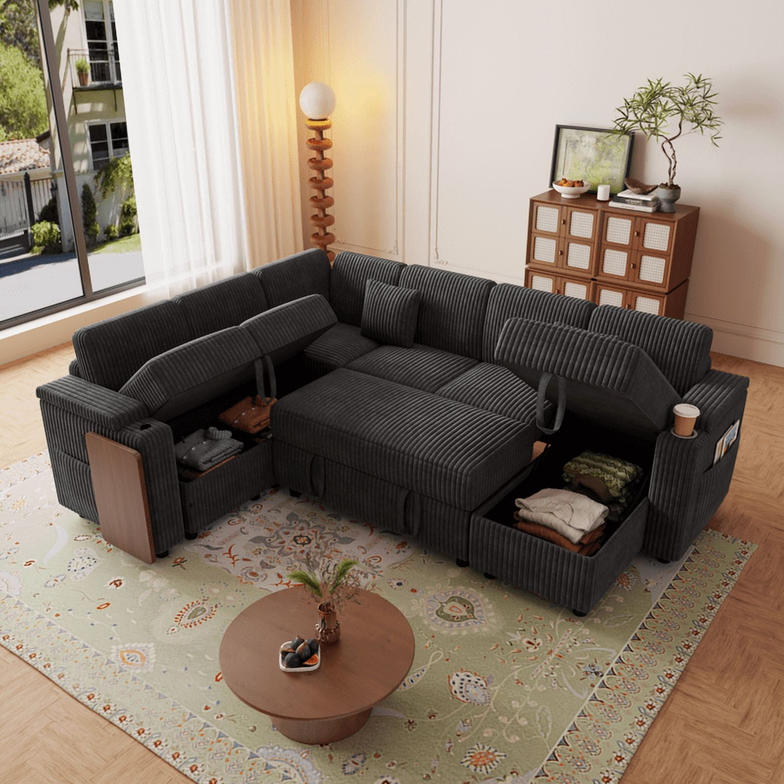100" U-Shaped Sleeper Sofa with Pull-Out Bed, USB Charging Ports, Cup Holder, Flip-Top Table, Storage Chaise, Corduroy Sectional Couch for Living Room, Apartment & Guest Room