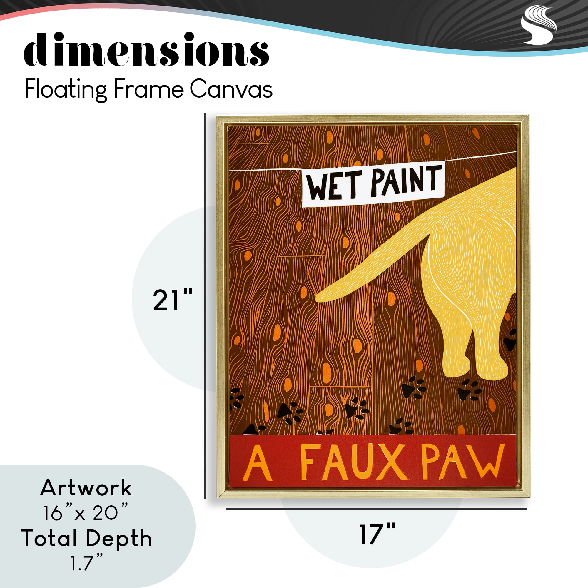 Wet Paint Faux Paw Gold Framed Floater Canvas Wall Art, design by Stephen Huneck
