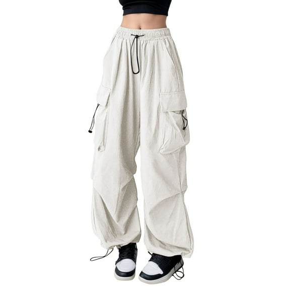 Fiaer Cargo Pants Women Oversized High Waisted Drawstring Parachute Trousers Loose Fit Casual Trendy Solid Color Slacks with Multiple Pockets White XL