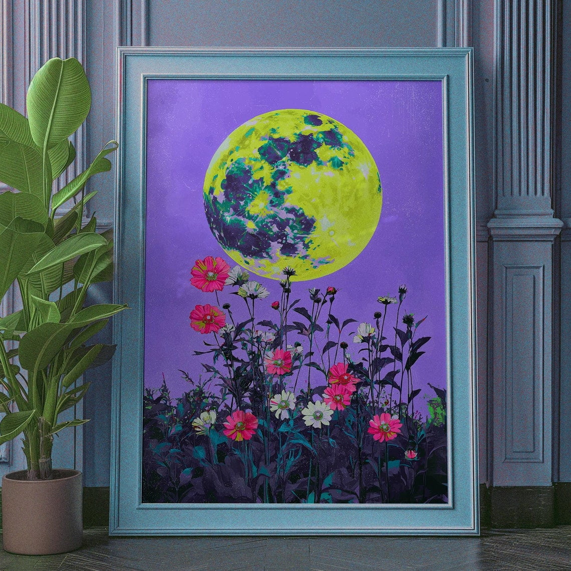 Retro Aesthetic Moon Poster Colorful Unique Moon Print Mystical Moon Celestial Decor Vintage Floral Moon Above Bed Decor Enchanting Moon Wall Art Modern Wall Decor 16x24 UNFRAMED