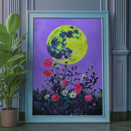 Retro Aesthetic Moon Poster Colorful Unique Moon Print Mystical Moon Celestial Decor Vintage Floral Moon Above Bed Decor Enchanting Moon Wall Art Modern Wall Decor 8x12 UNFRAMED