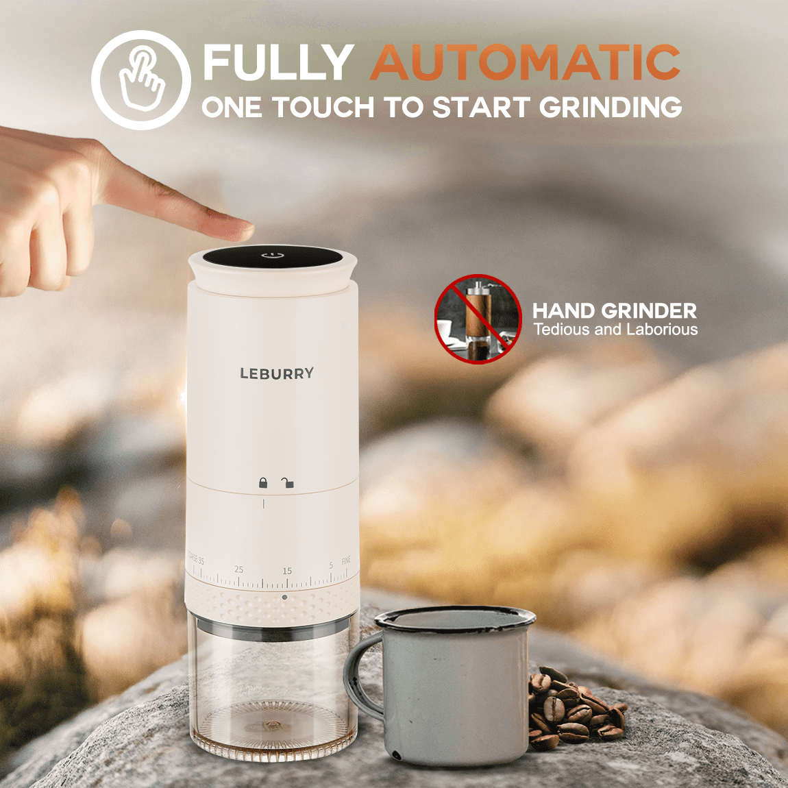 LEBURRY Burr Coffee Grinder - Portable Espresso Grinder with Stainless Steel Conical Mill for Travel, Camping - Cordless/Rechargeable Electric Coffee Bean Grinders with 38 Adjustable Grind Settings