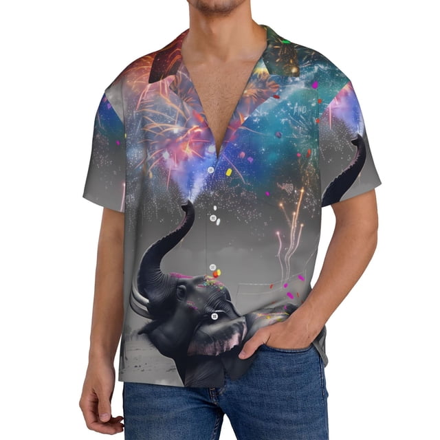 Fotbe Elephant Fireworks Celebration Camisa Estampada de Manga Corta para Hombre, Casual de Verano, Estilo Playero, Sin Arrugas-X-Large