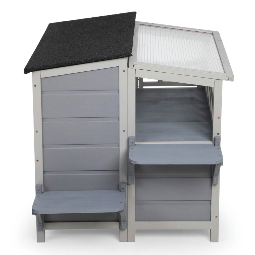 Spaco 2-Tier Wooden Cat House & Enclosure with Jumping Platforms and Play Run, Waterproof Outdoor Cat Cage, Gray