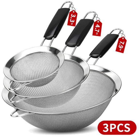 Set of 3 Fine Mesh Strainers for Kitchen, Stainless Steel Fine Mesh Sieves with Handles, 3, 5 & 8 Inch Tea Strainer, Sifter and Colander for Pasta, Rice, Quinoa, Flour and Baking