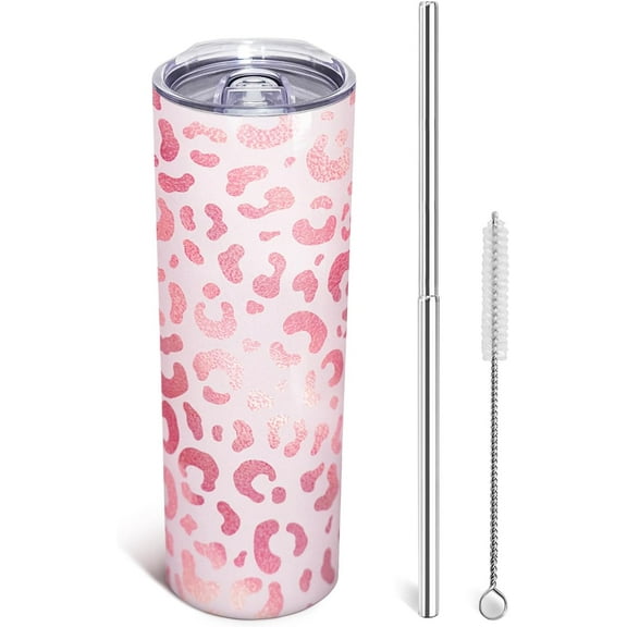 Leopard Print Tumbler with Lid and Straw 20oz, Insulated Travel Mug for Hot and Cold Drinks, Pink Cheetah Coffee Cup - Ideal Christmas, Mother''s Day, Birthday Gifts for Women and Mom