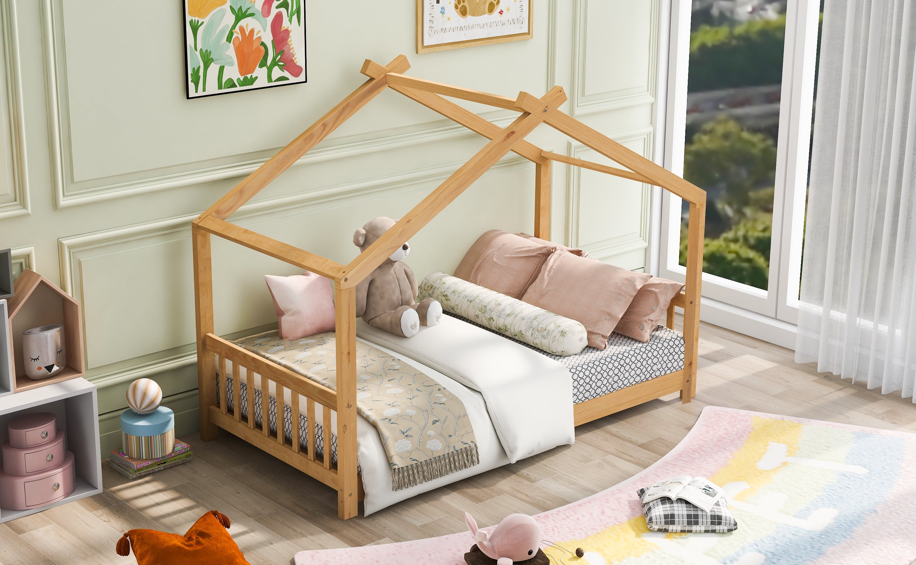 imerelez Twin Size House Platform Bed with Headboard and Footboard,Roof Design,Natural