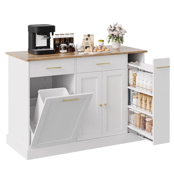 DreamCurship 52" Kitchen Island with Storage, Rolling Kitchen Cart Island with Wheels, Tilt Out Kitchen Trash Cabinet 10 Gallon Storage, 3 Large Spice Racks and 2 Drawers, White