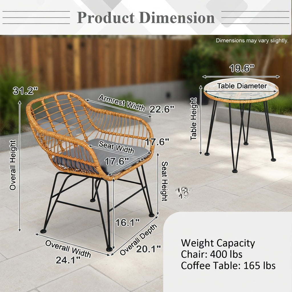 Hommoo 3-Piece Outdoor Rattan Patio Furniture Set, 2 Armchairs + Coffee Table with Removable Cushions, Tempered Glass Top, Weather-Resistant Wicker & Steel Frame, Gray