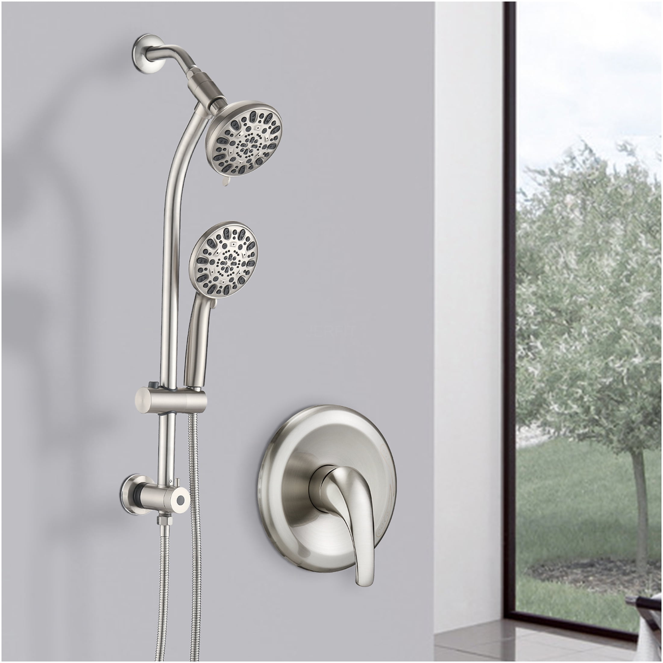 JERFIT Dual Shower Head System with Slide Bar, 7-Setting Brushed Nickel Rain Shower Combo, No-Drill Spa Set with Rough-in Valve