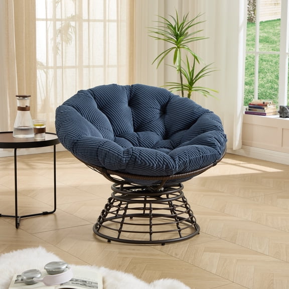360-Degree Swivel Wicker Papasan Chair with Thick Corduroy Cushion, Indoor Outdoor Rattan Saucer Chair for Living Room and Bedroom, Brown Frame and Navy Blue Cushion