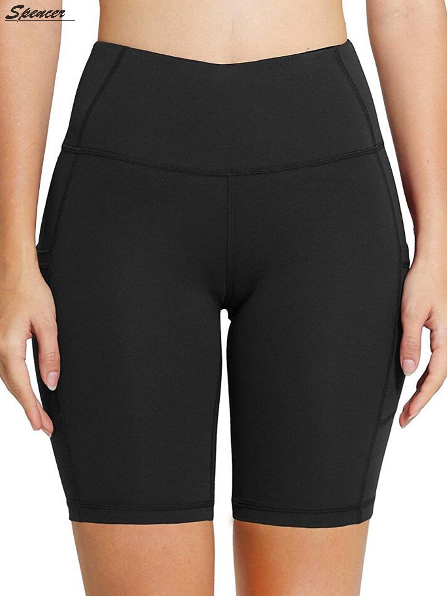 Spencer Womens High Waist Yoga Shorts with Side Pockets Tummy Control Workout 4 Way Stretch Yoga Leggings "M, Black" - image 4 of 9