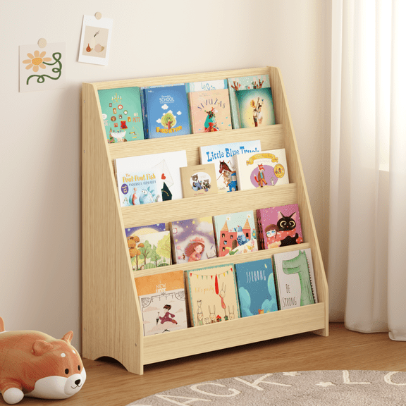 4-Tier Kids Bookshelf, Toddler Book Display Shelf, Natural Wood Tone, Toy & Book Organizer for Bedroom Playroom Classroom