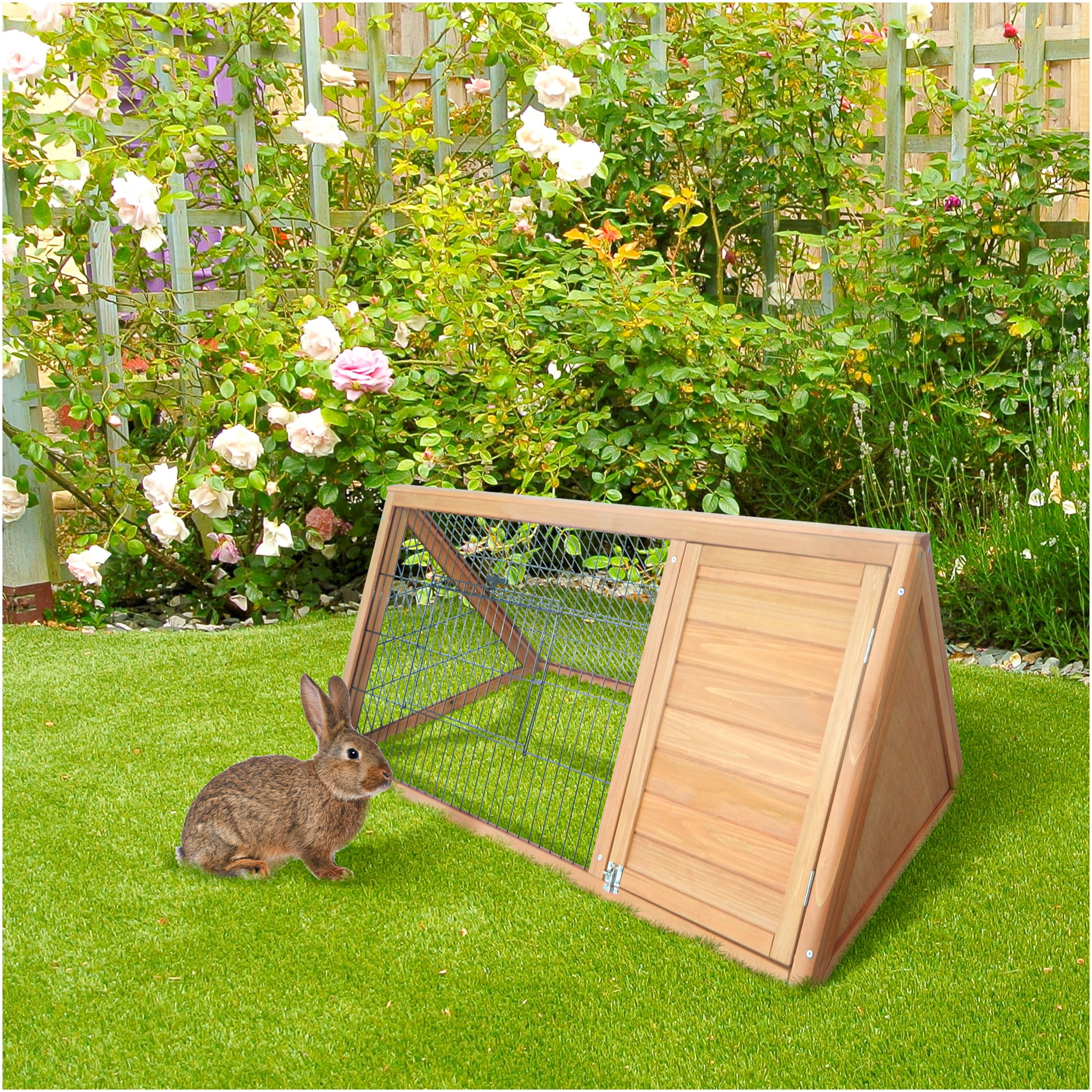 JERFIT 46" Outdoor Rabbit Hutch with Run, A-Frame Wooden Bunny Cage with Ventilated Wire, Weather-Resistant Small Animal House, Yellow