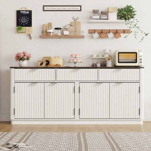 ChVans Farmhouse Fluted Buffet Cabinet, 70” Large Sideboard Cabinet with 3 Drawer, 4 Doors and Shelves, Rustic Storage Cabinets, Coffee Bar for Dinning Room, Kitchen, Hallway, and Living Room