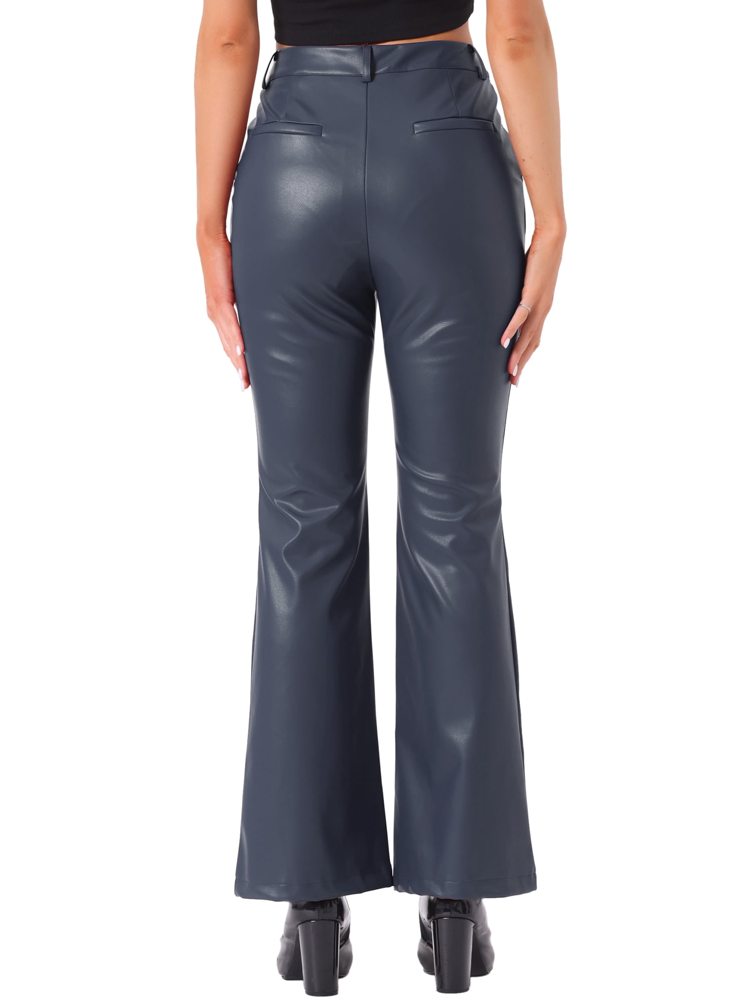 INSPIRE CHIC Faux Leather Casual Pant for Women's High Waist Bell Bottom Flared Long PU Trouser XL Dark Blue