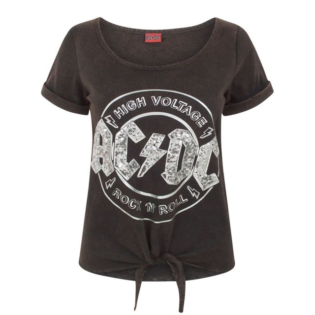 AC/DC - Camiseta con lentejuelas y nudo en la parte frontal para mujer (Negro)