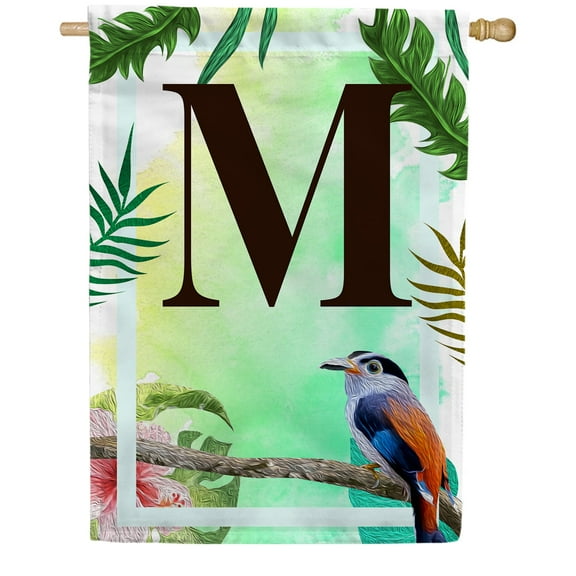 America Forever Tropical Bird Summer Monogram House Flag Letter M 28 x 40 inches Parrot Toucan Palm Leaves Double Sided Vertical Outdoor Yard Lawn Decorative Exotic House Flag
