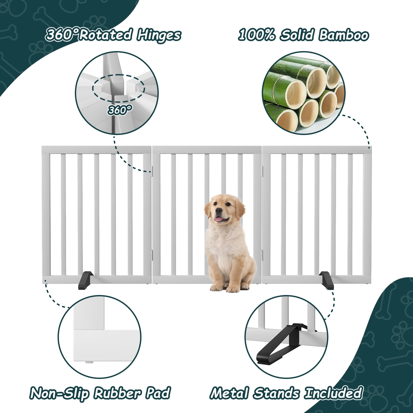 Algherohein Dog Gate for Inside,Bamboo Freestanding Pet Gate for Doorways,Indoor, 24" White