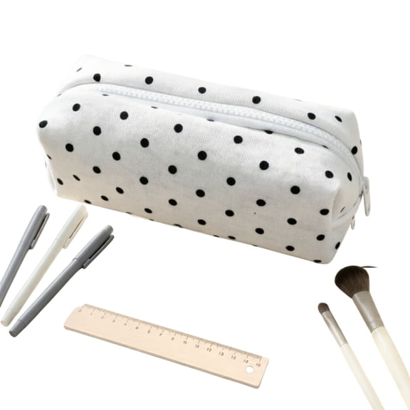 Y2K Polka Dot Corduroy Pencil Pouch, Kawaii Vintage Pen Case, Cute Stationery Organizer for School Supplies, Multi-Purpose Travel Storage Bag for Makeup