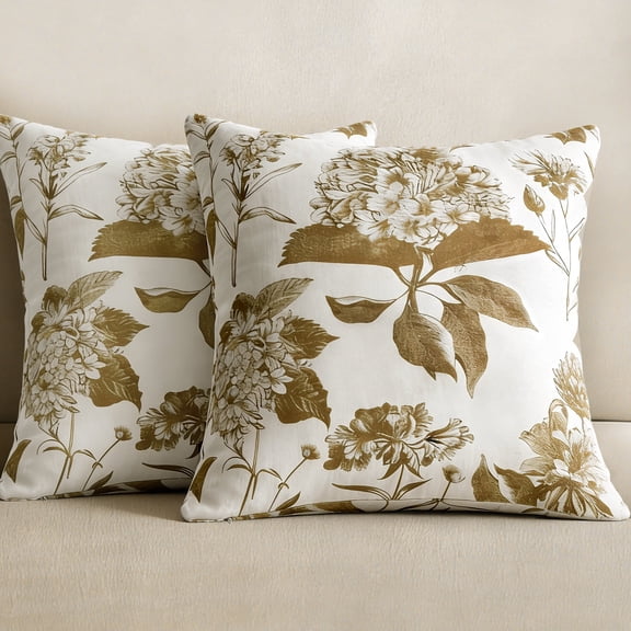 COOKCOK Set of 2 Vintage Floral Throw Pillow Covers, 22" x 22" Neutral Block Print Decorative Cushion Covers, Double-Sided Boho Farmhouse Decor for Sofa Couch Bed, Light Brown