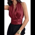 thumbnail image 3 of Blusas Plisadas Sin Mangas con Cuello en V para Mujer, Camisas Elegantes de Oficina. Rojo M, 3 of 8