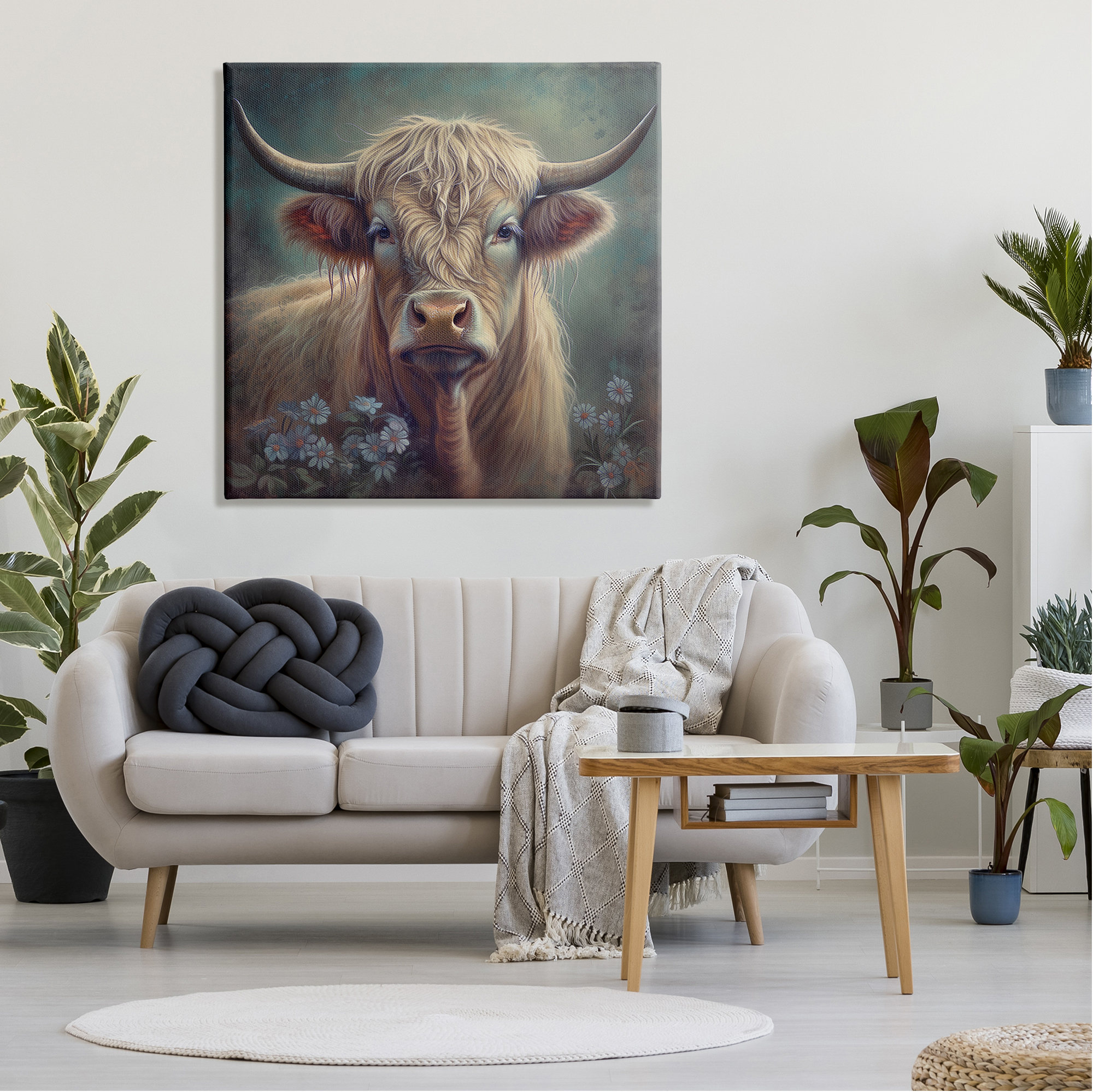 Stupell Industries Highland Cow with Daisies Animals & Insects Painting Gallery Wrapped Canvas Art Print Wall Art, 36 x 36