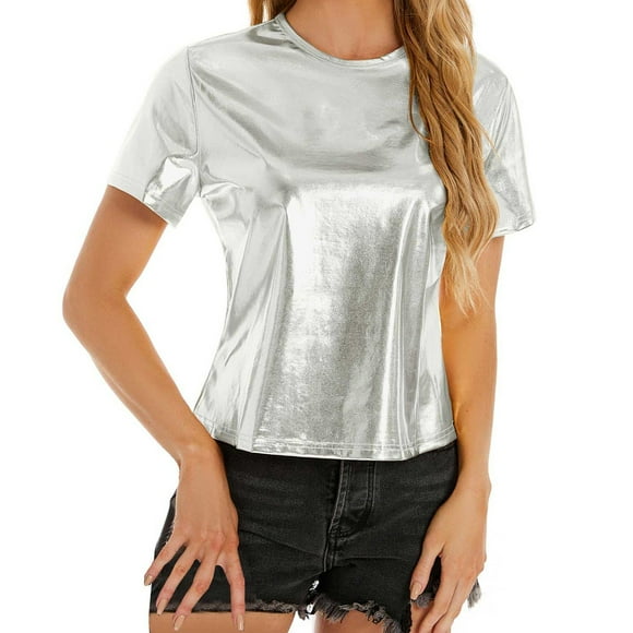 Tittly T Shirts for Women Basic Tees Women's Spring Summer Metallic Glossy Round Neck Loose Casual T Shirt Tshirts Shirts Womens Tops Silver XXL