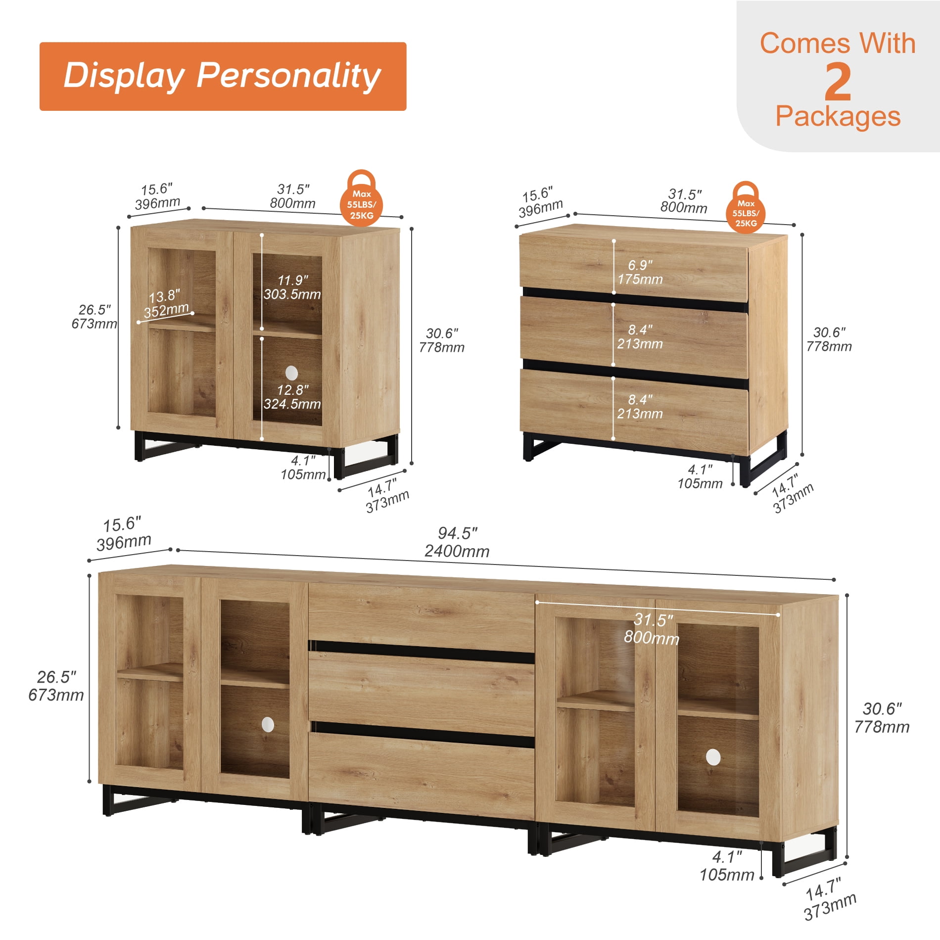 3 In 1 Modern Dresser with Glass Doors & 3 Drawers, Storage Cabinet with Adjustable Shelf, Practical Chest of Drawers for Bedroom,Oak