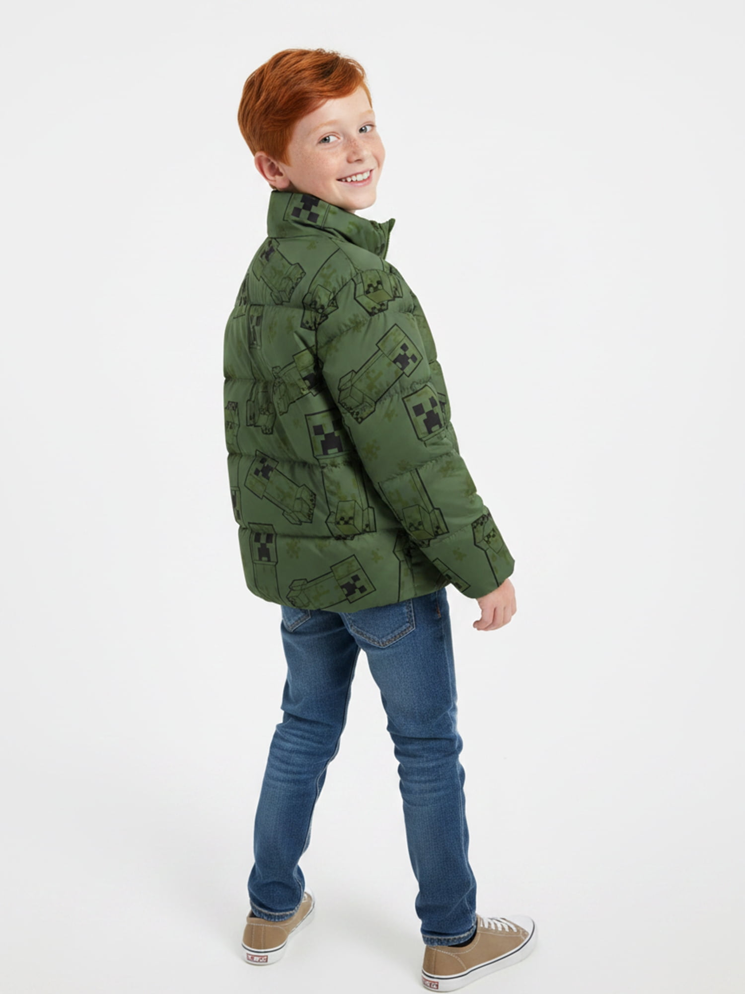 Boys’ Minecraft Creeper Allover Print Puffer Jacket, Olive Green, Sizes XS–XL