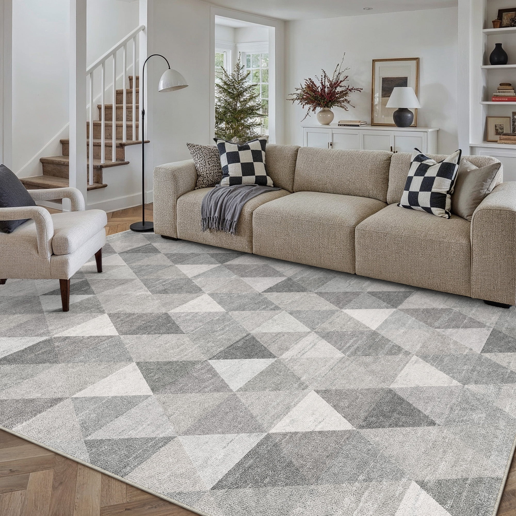 BERTHMEER 5'x7' Area Rugs for Living Room Gray Geometric Polygon Rugs for Bedroom Modern Kitchen Non Slip Washable Contemporary Carpets Home Office Dorm Dining Room Checkered pattern Throw Rugs
