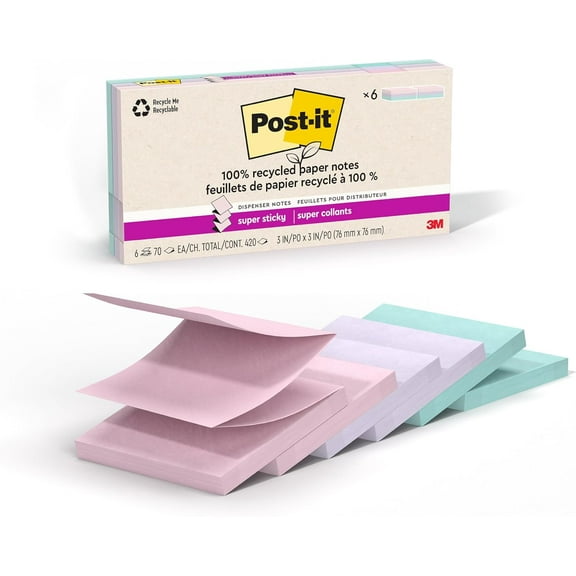 100% Recycled Paper Super Sticky Pop-up Notes, 2X The Sticking Power, 3x3 in, 6 Pads/Pack, Wanderlust Pastels Collection
