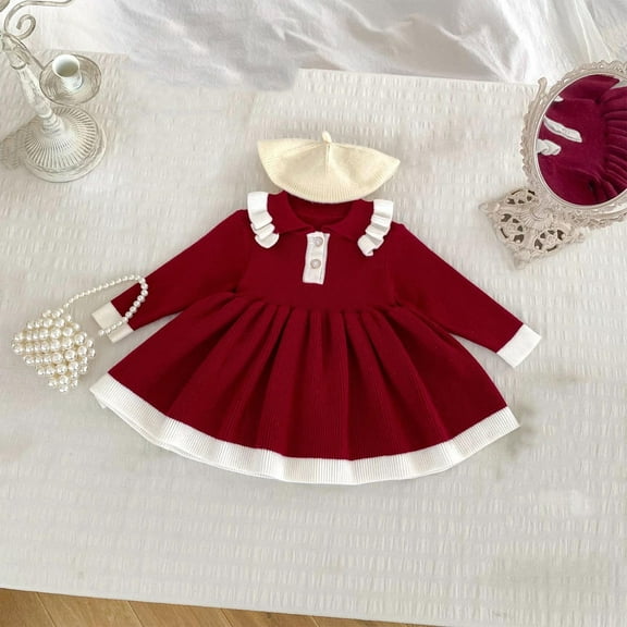 Girls Crochet Knitted Dresses Size 0-3 Toddlers Kids Cute Long Sleeve Button Doll-Collar Color-Block Pleated A-Line Soft Warm Fall Midi Dress