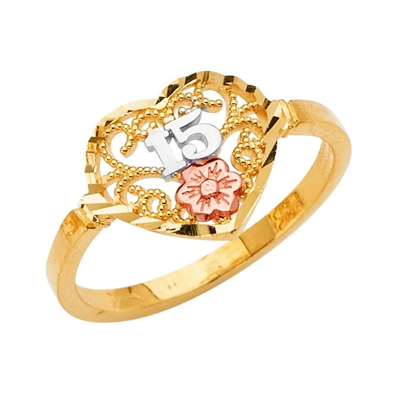 Ioka -14K Solid Tri Color Gold Sweet 15 Anos 15 Years Birthday Quinceanera Heart Cut Ring