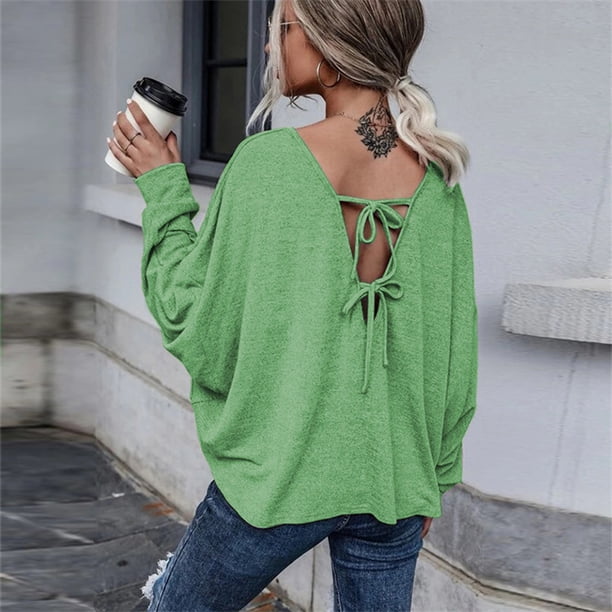 Camiseta de punto de Color sólido para mujer, Camiseta de algodón con cuello redondo, Tops informales de manga larga para mujer, camiseta de frenilum sin espalda