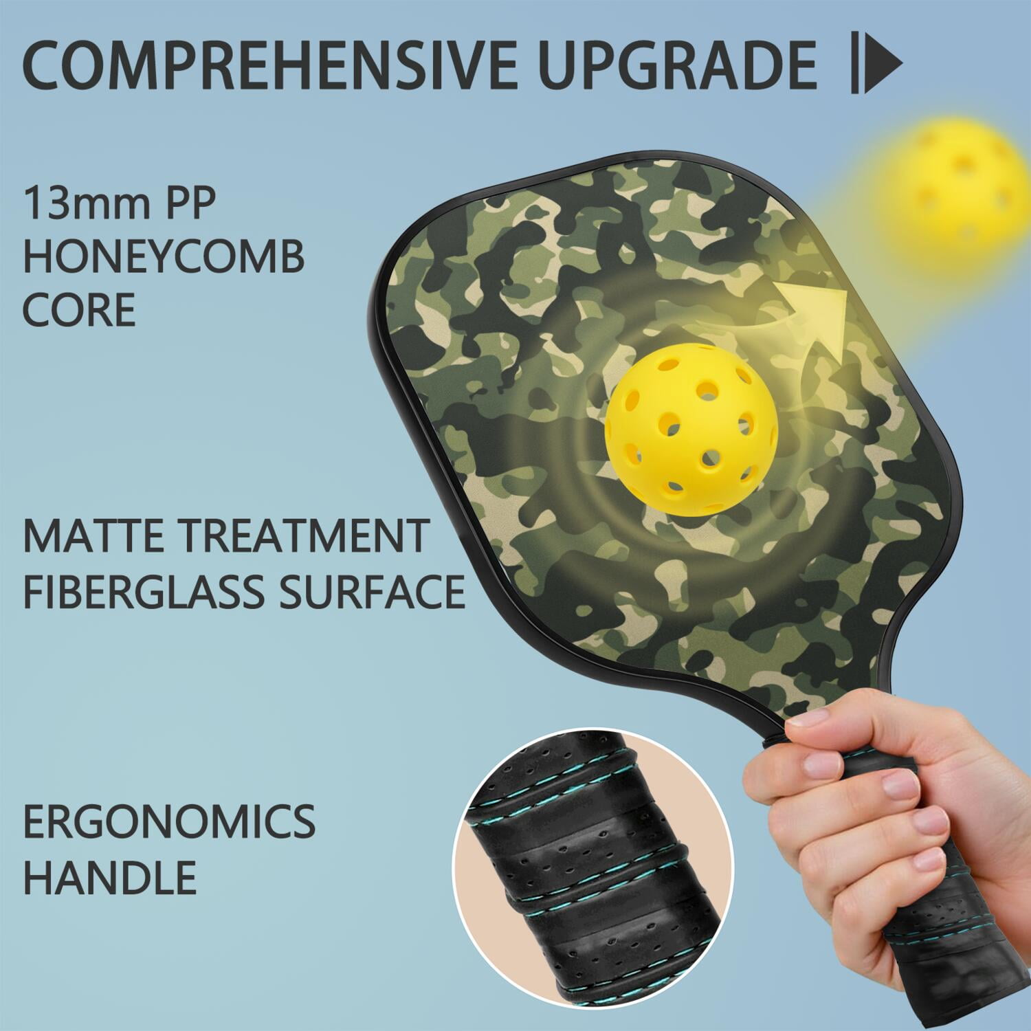 Pickleball Paddles Set Of 1, Fiberglass Surface, Camouflage Print, 1 Paddle, 2 Balls & Bag