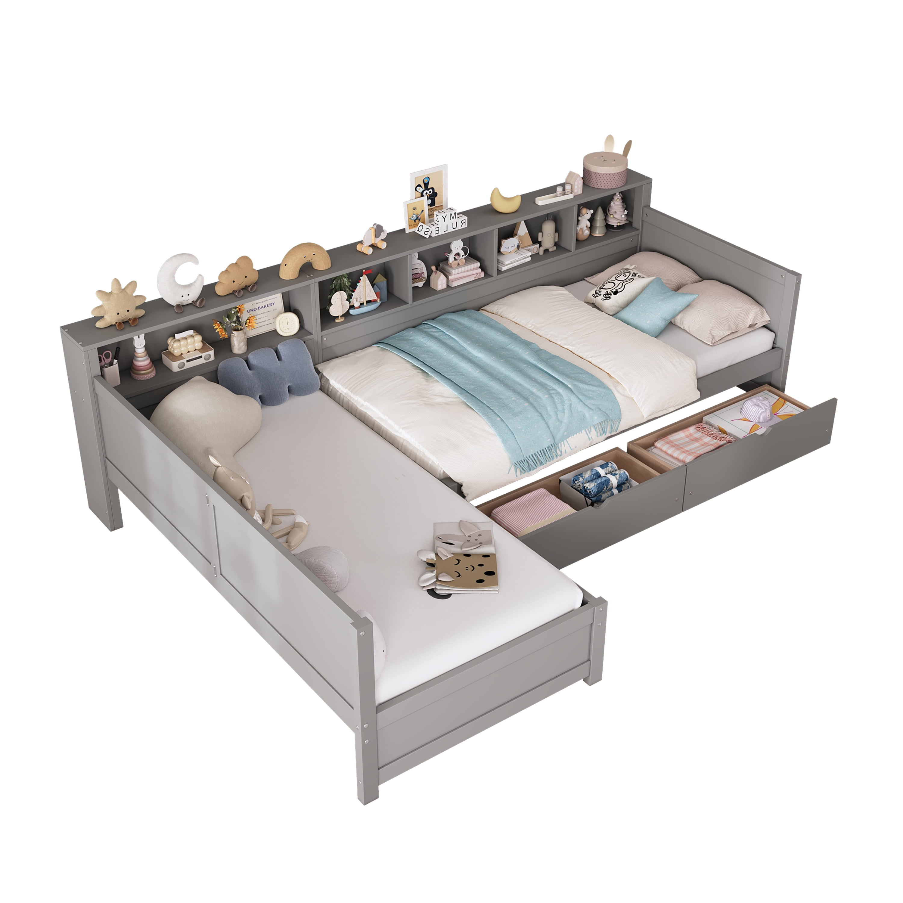 Euroco Wood Twin Size L Shaped Platform Bed with Drawers, Captain Bed with Shelves and Cabinets, 2 Beds in One, Grey
