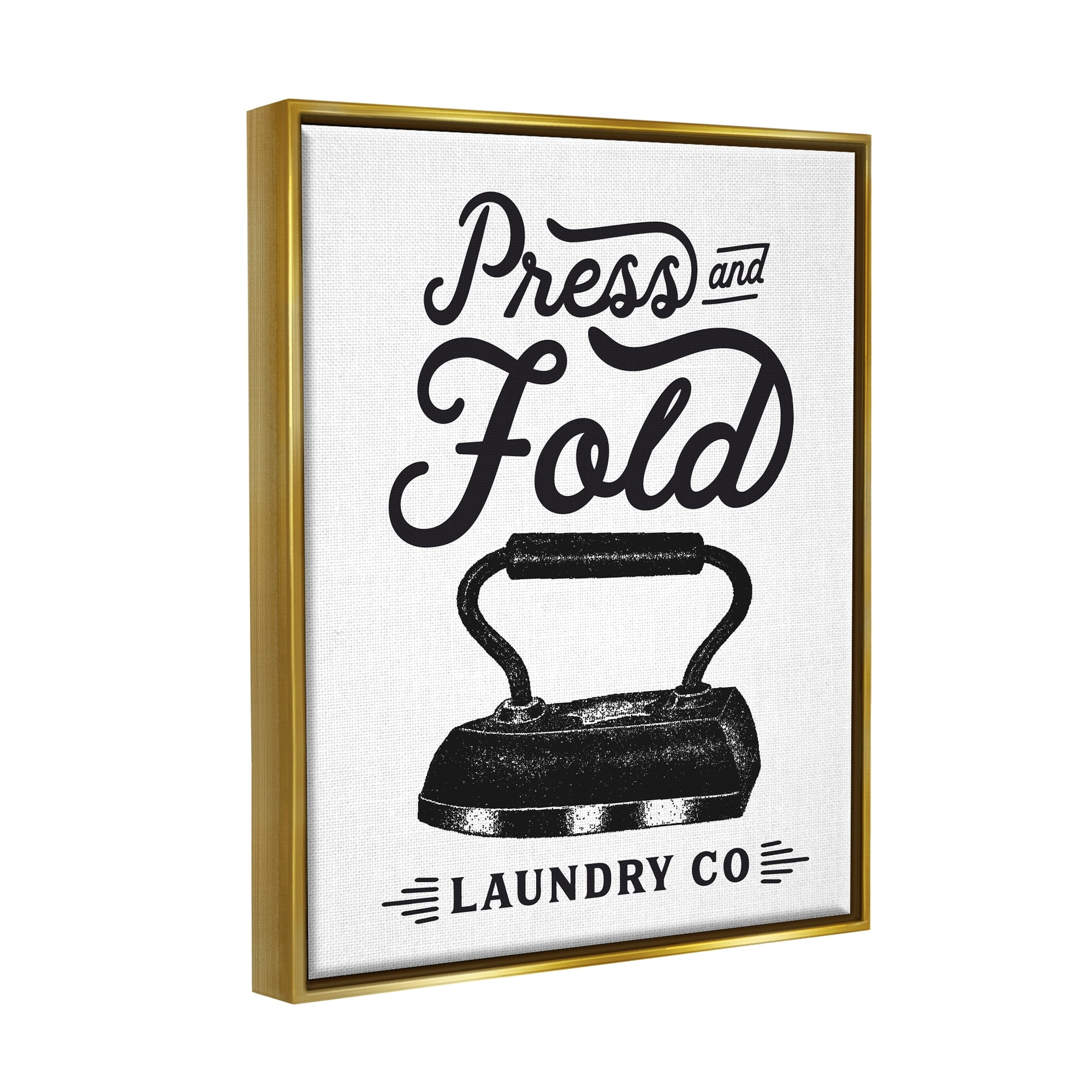 Stupell Industries Press & Fold Antique Iron Laundry Lettering Phrase Graphic Art Metallic Gold Floating Framed Canvas Print Wall Art, Design by Lettered and Lined