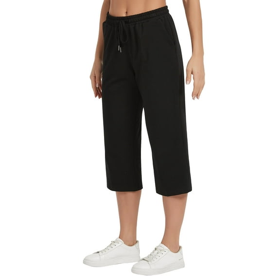 Stelle Women's Capri Pants Loose Yoga Loose Yoga Cotton Sweatpants with Pockets,Wide Leg Drawstring Pajama Pants Casual Workout Lounge Pants 20",XS-XXL Black