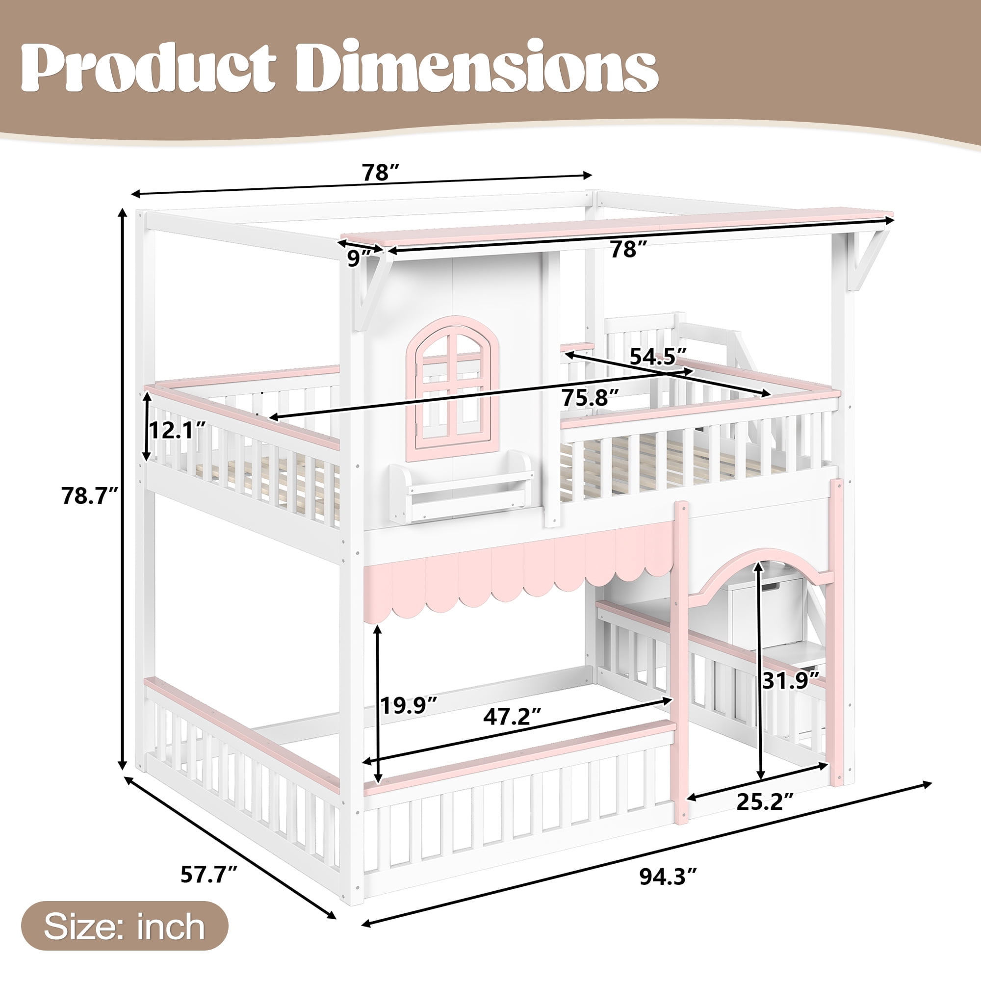 HOQBN Full over Full House Bunk Bed with Storage Stairs, House Bunk Bed with Window & Side Bookshelf, Solid Wood Bed Frame with Play Designed, Convertible Lower Space for Sleep or Play, White+Pink