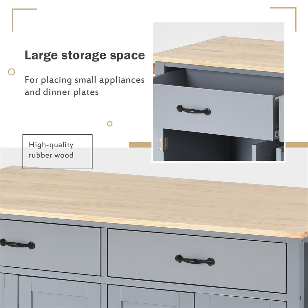 Kitchen Island Cart with Spacious Tabletop and Locking Wheels, 54.3" Large Kitchen Trolley Cart with 4 Door Cabinet and Two Storage Drawers, Spice Rack Towel Rack, Rolling Kitchen Island Cart, Blue