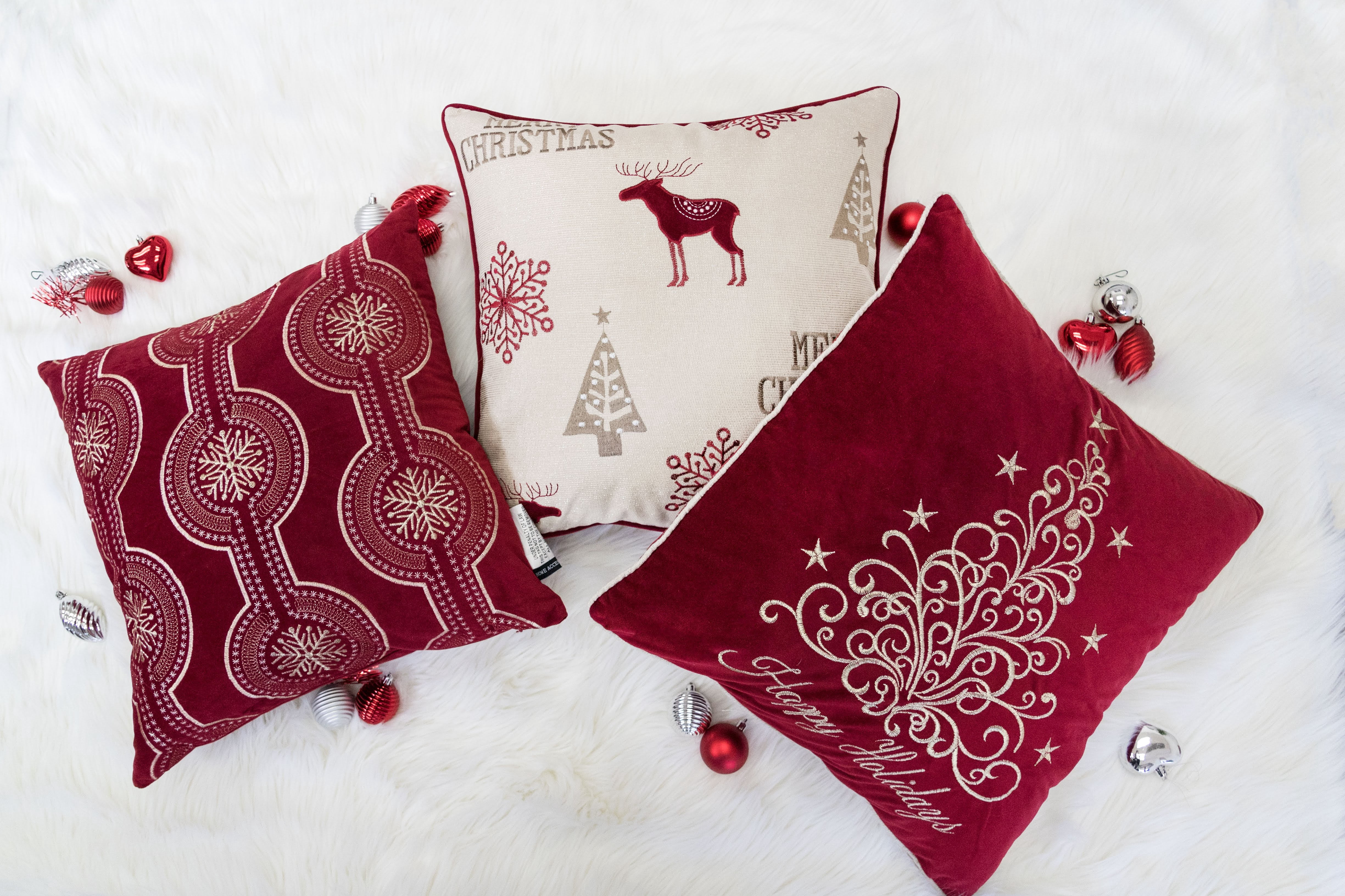 Velvet Happy Holidays Gold Embroidered Christmas Tree Pillow 20x20 Inch Holiday Decor