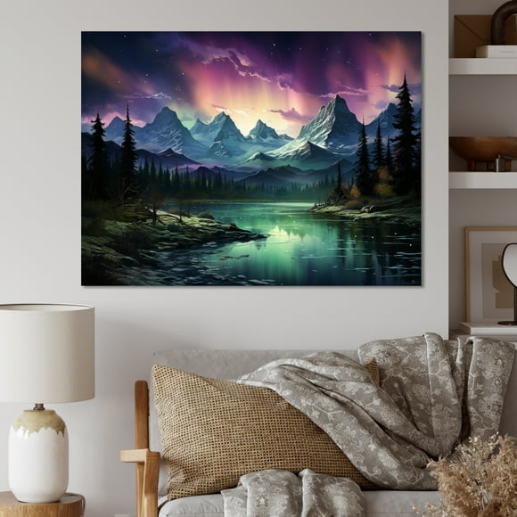 Designart Large Aurora Borealis Wall Art, Northern Lights Celestial Euphony I , Aurora Borealis Wall art decor, Pink Traditional Canvas wall art, 32x16 inches