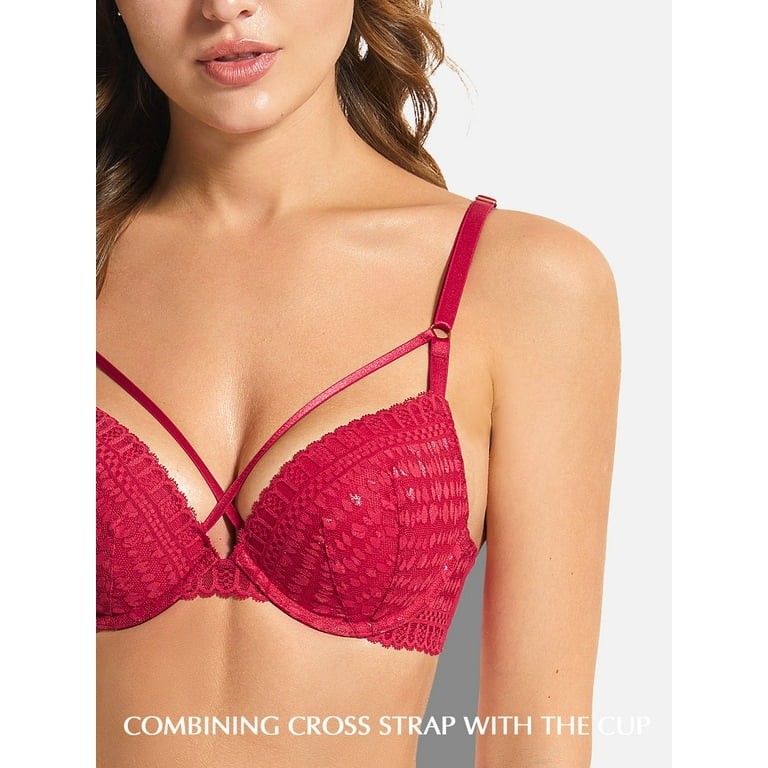 VICTORIA'S SECRET VERY SEXY Red Push-Up Bra VS Strappy Floral Embroidery  36D 38B