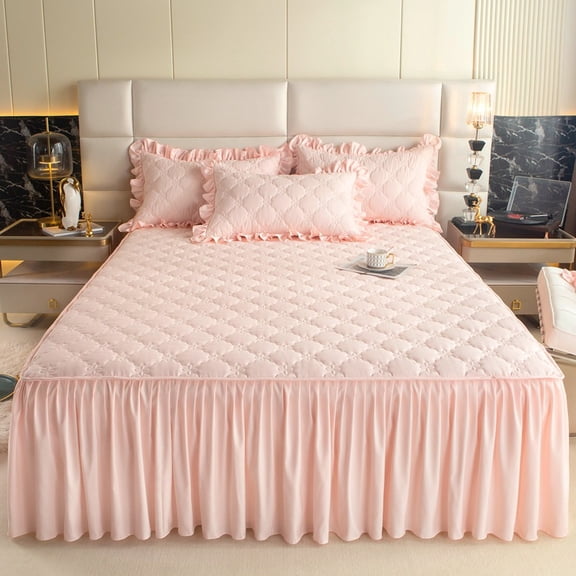 Mictong Quilted Bed Skirt Set, anti wrinkle and dust-proof ruffled bed skirt, size 47.25 * 78.75 17.72 inches, elegant decorative bed skirt, can cover under bed storage, 3-piece set, pink