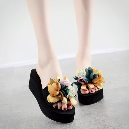 

EQWLJWE Fashion Women Slip-on Open Toe Wedges Heels Causal Flower Slipper Slides Shoes Women s Slippers Holiday Clearance