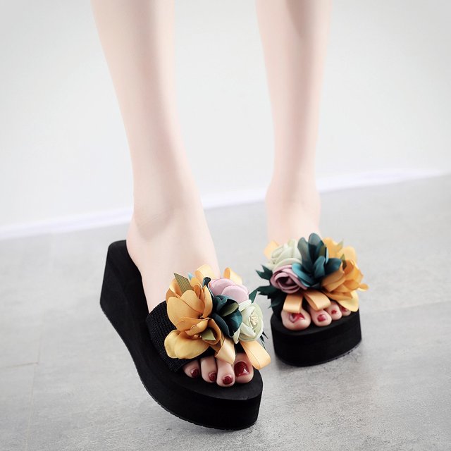 Mode Femmes Mules à Bout Ouvert Talons Compensés Chaussons à Fleurs Décontractés