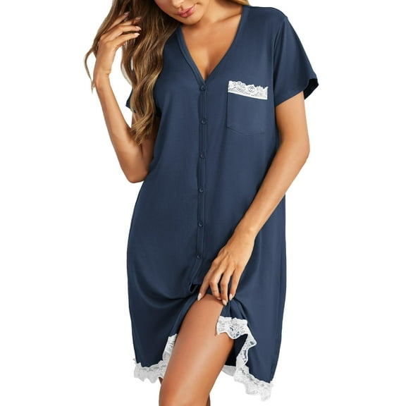 Ekouaer Women's Sleep Dress Short Sleeve Sleepwear Comfy Button Down Sleepshirt with Chest Pocket