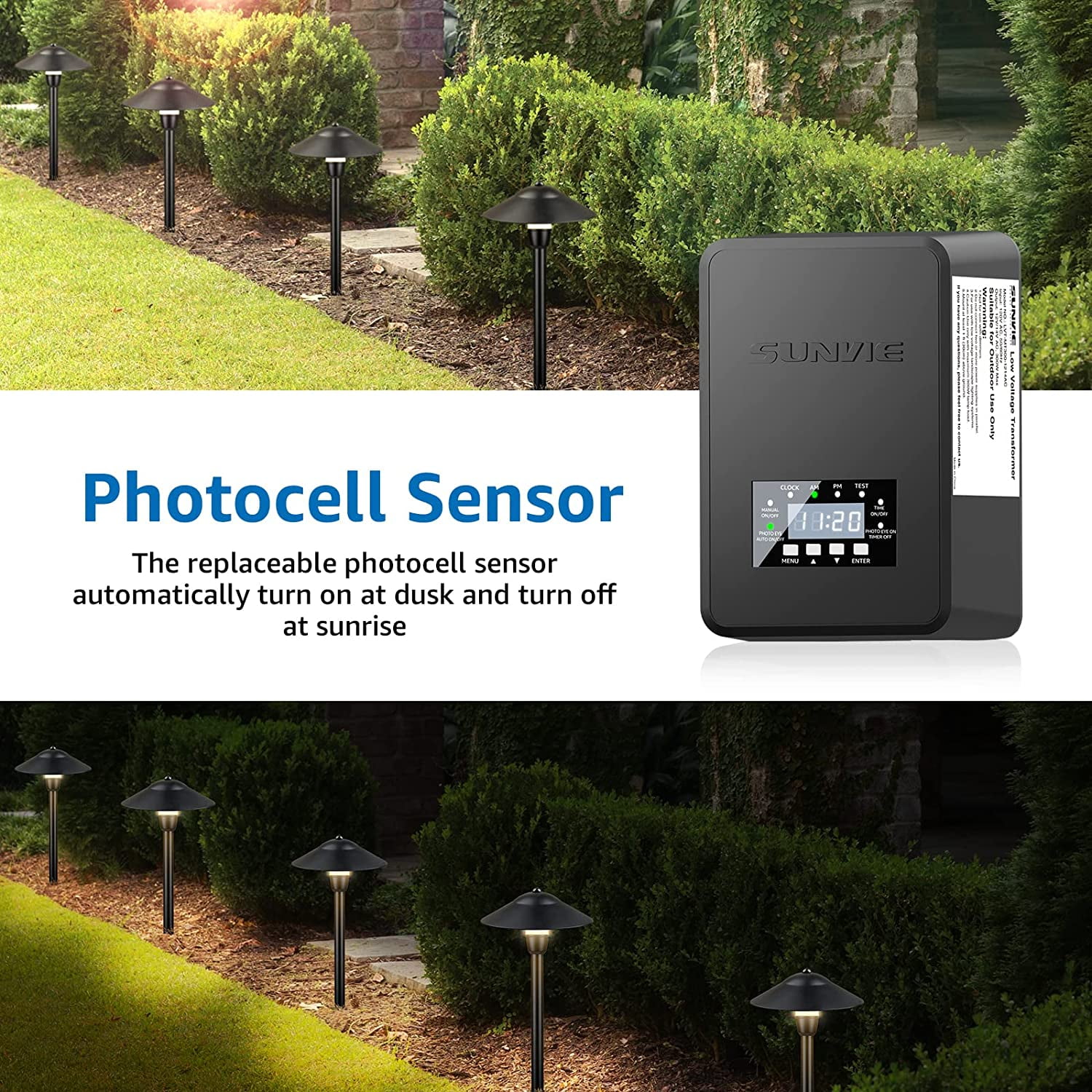 200W Landscape Lighting Transformer Outdoor Low age with Timer and Photocell Sensor Waterproof 120V to 12V/14VAC for Garden Lights